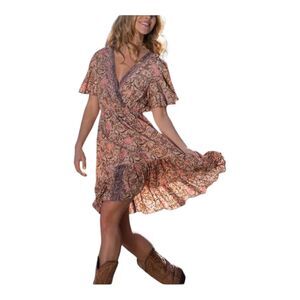 Cienna Lara Womens Midi Boho Dress Silk Paisley Size L